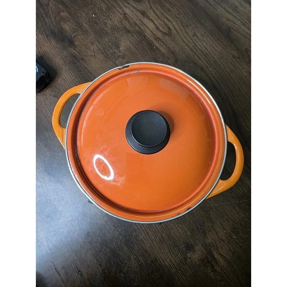 Vintage Cousances #16 Enameled Cast‎ Iron Sauce Pan Pot Orange Made In France